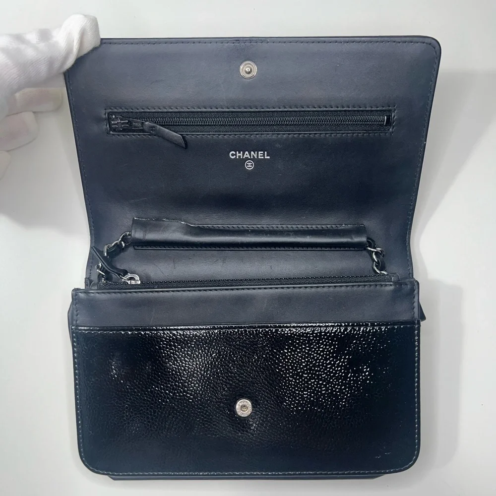 CHANEL | Black Patent Caviar Leather Wallet on Chain